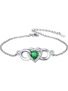 Emerald Charm Infinity Heart Bracelet 925 Sterling Silver Dainty Birthstone,